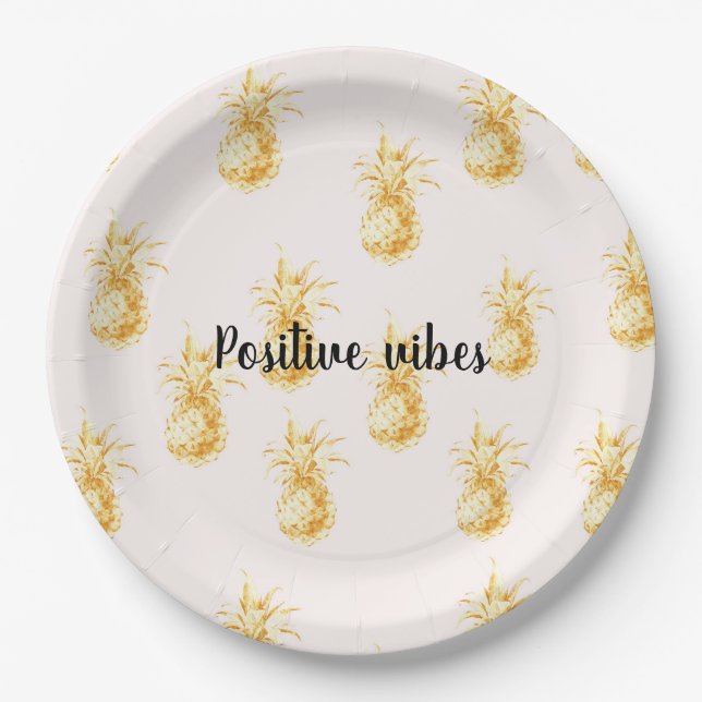 Blush Gold Tropical Pineapples personalised quote Paper Plate (Front)