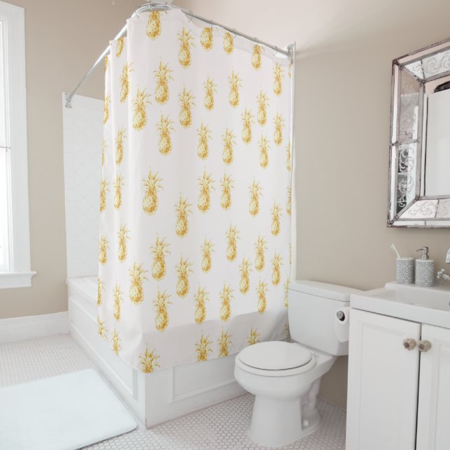 Blush Gold Tropical Pineapples Shower Curtain (In Situ)