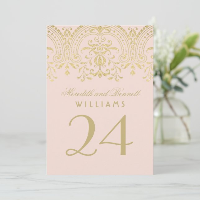Blush Gold Vintage Glamour Wedding Table Number (Standing Front)