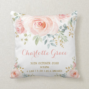 Blush Gold Watercolor Floral Birth Stats Nursery Cushion