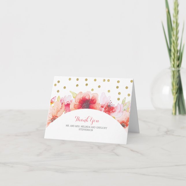 Blush & Gold Watercolor Floral Confetti Thank You Card (Front)