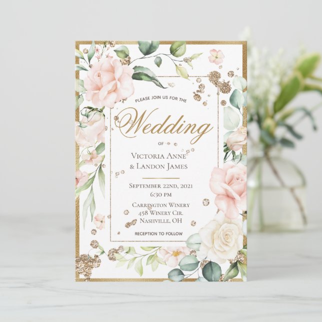 Blush Gold Watercolor Romantic Floral Wedding Invitation (Standing Front)