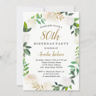 Blush Gold Watercolor Wreath 80th Birthday Invitation