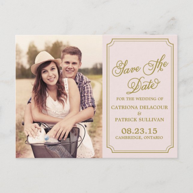 Blush & Gold Whimsical Save the Date Postcard (Front)