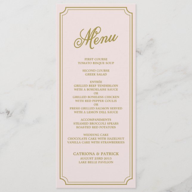 Blush & Gold Whimsical Script Menu Card (Front)