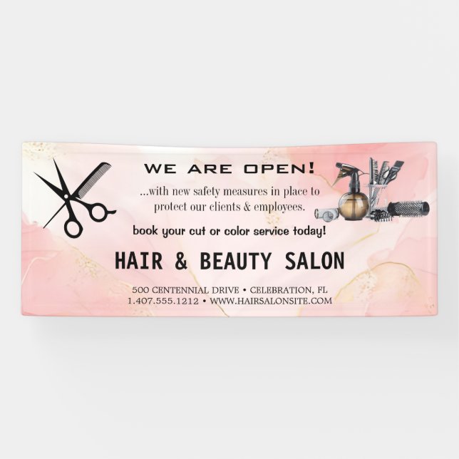 Blush & Gold Whisk Scissors Hair Salon Reopening  Banner (Horizontal)