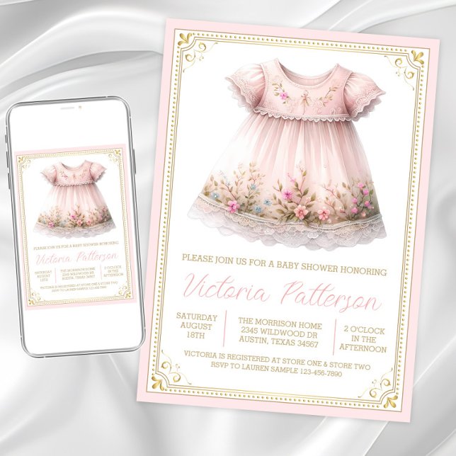 Blush Gold Wildflower Dress Baby Shower Invitation (Sweet blush pink gold baby shower invitation. Instant download and printed invitations available.)