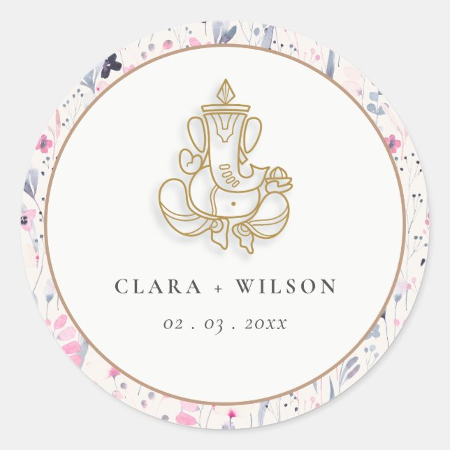 Blush Gold Wildflower Ganesh Indian Wedding Classic Round Sticker (Front)