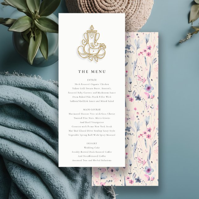 Blush Gold Wildflower Ganesh Indian Wedding Menu Invitation (Creator Uploaded)