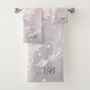 Blush Gray White Floral Fantasy Initials Bath Towel Set