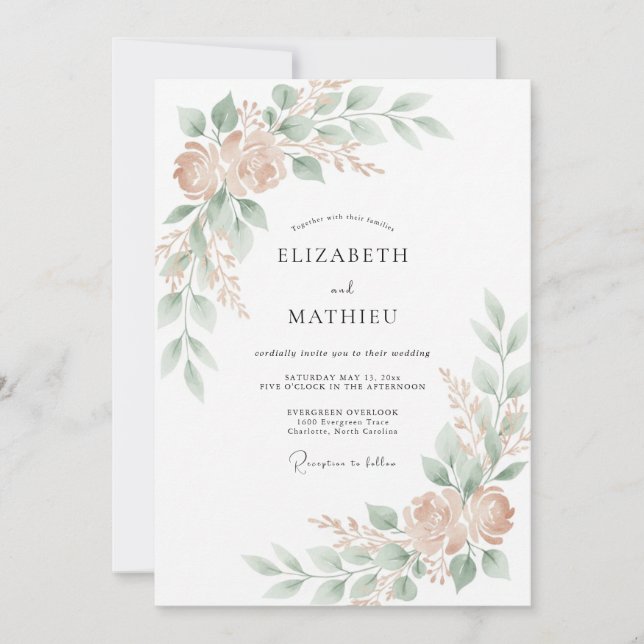 Blush Green Flourish Romance Wedding Invitation (Front)