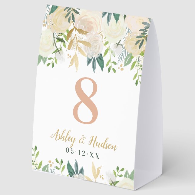 Blush Green Gold Floral Wedding Monogram Number (Front)
