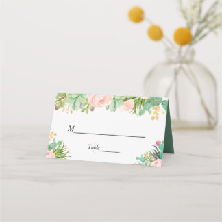 Blush Green Succulent Cactus Floral Wedding Table Place Card