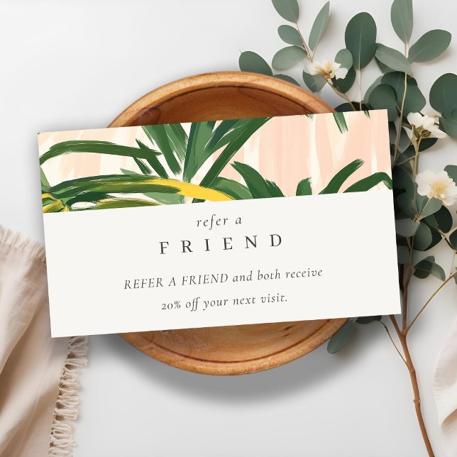 Blush Green Tropical Palm Leaves Refer A Friend Business Card (Creator Uploaded)