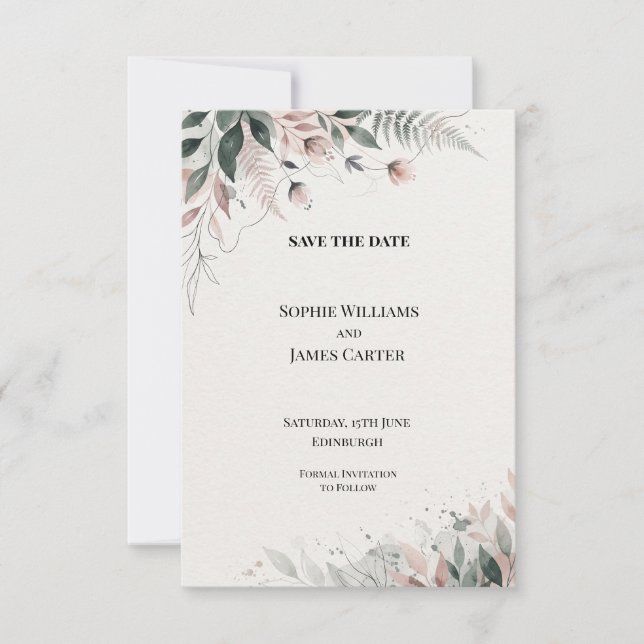 Blush Green Watercolor Botanical Wedding Save The Date (Front)