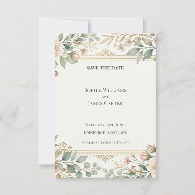 Blush Greenery Floral Save The Date Card (Front)