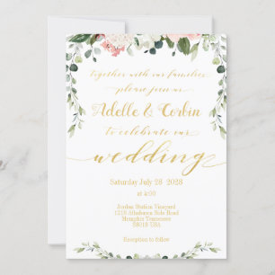 Blush Greenery & Gold Calligraphy Writing Wedding Invitation