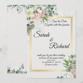 Blush Greenery Gold Frame Wedding Invitation