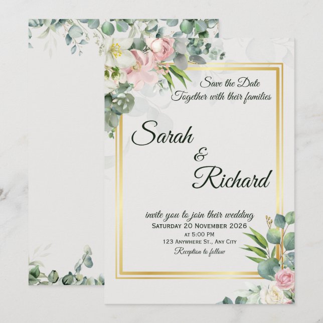 Blush Greenery Gold Frame Wedding Invitation (Front/Back)