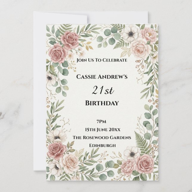 Blush Greenery Milestone Birthday Invitation (Front)