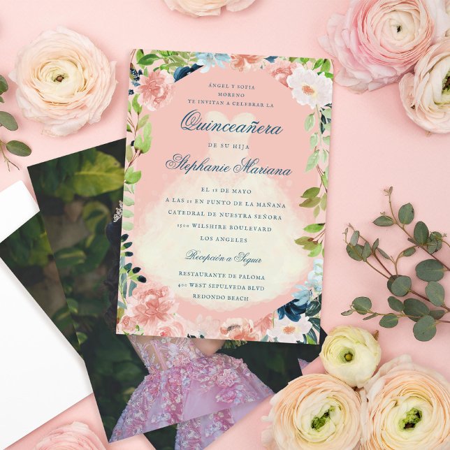 Blush Greenery Romantic Quinceañera Dress Invitation (Creator Uploaded)