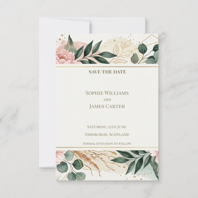 Blush Greenery Save The Date Card (Front)