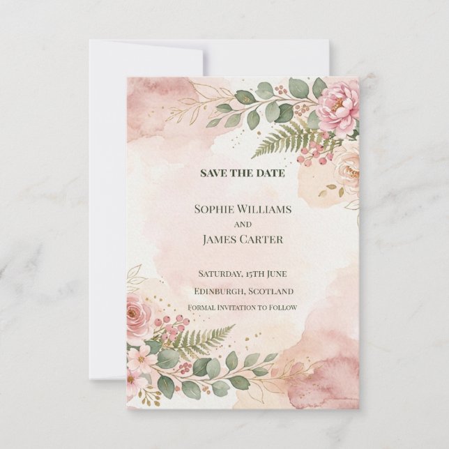 Blush Greenery Save The Date Card (Front)