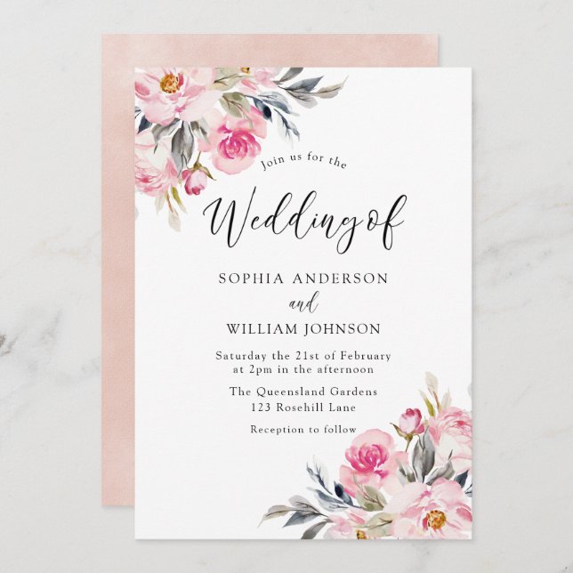 Blush & Greenery: Watercolor Floral Wedding Invitation (Front/Back)