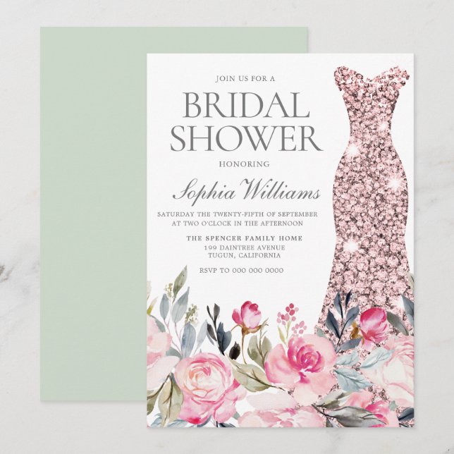 Blush & Greenery Wedding Dress Gown Bridal Shower Invitation (Front/Back)