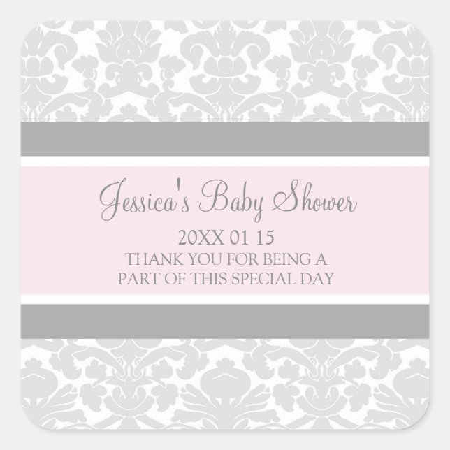 Blush Grey Damask Baby Shower Favour Stickers (Front)