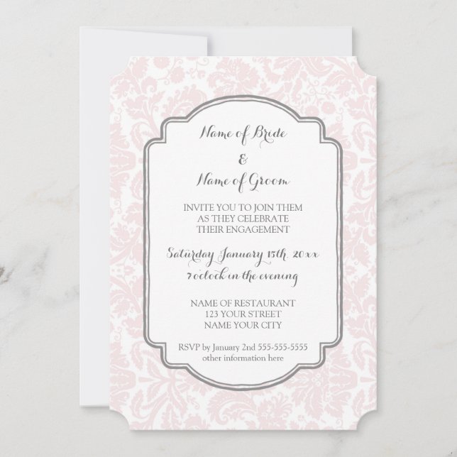 Blush Grey Damask Engagement Party Invitations (Front)