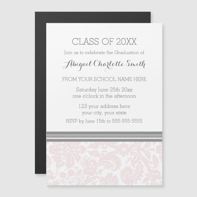 Blush Grey Damask Graduation Party Magnetic Card (Front/Back)