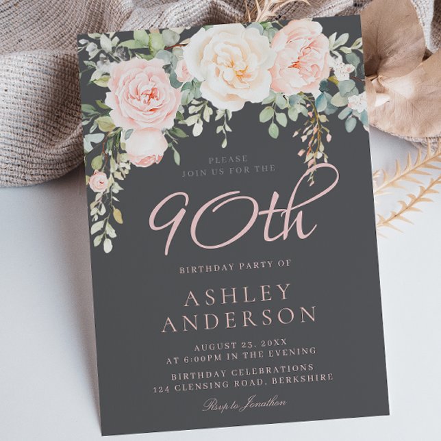 Blush & Grey Elegant Floral 90th Birthday Party Invitation (Creator Uploaded)