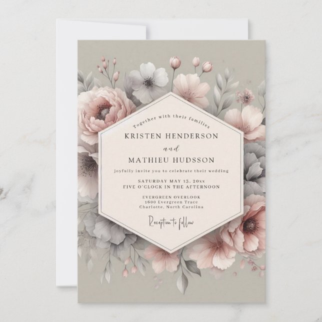 Blush Grey Ethereal Bloom Wedding Invitation (Front)