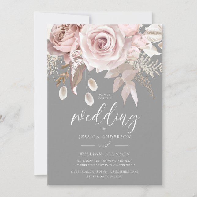 Blush & Grey Floral Elegance Wedding Invitation (Front)