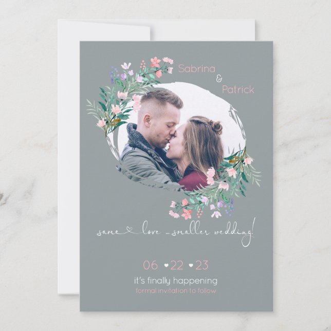 Blush-Grey Floral Paint Stroke Frame  Save The Date (Front)