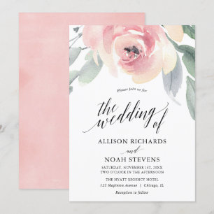 Blush grey floral watercolor elegant wedding invitation