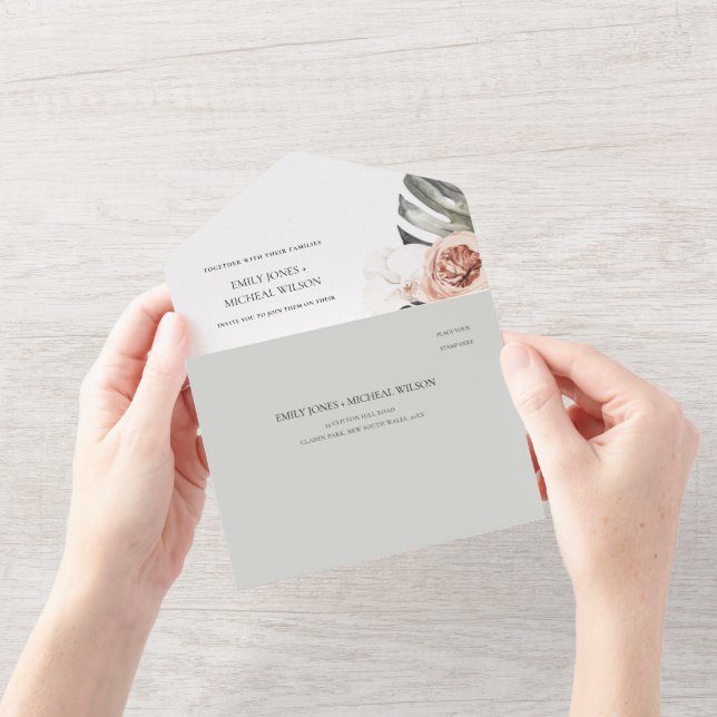 BLUSH GREY PEACH FLORAL MONSTRERA LEAF WEDDING ALL IN ONE INVITATION (Opening)