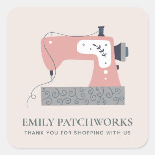 BLUSH GREY PINK SEWING MACHINE THANK YOU SHOPPING SQUARE STICKER