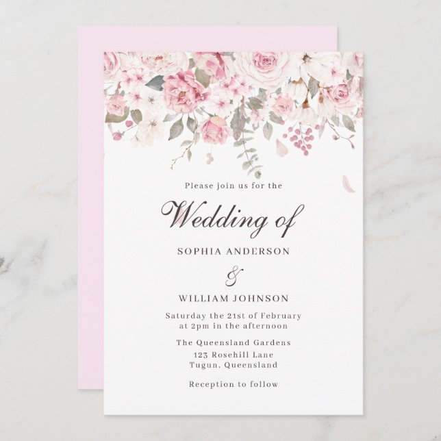 Blush & Grey Roses Elegant Floral Winter Wedding Invitation (Front/Back)