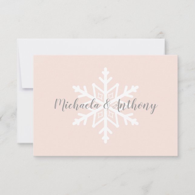 Blush Grey Snowflake Winter Wedding RSVP Card (Front)