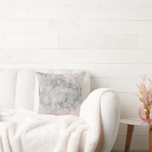 Blush Grey Subtle Roses Floral Throw Pillow (Couch)