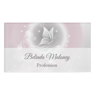 Blush Grey White Floral Butterfly Fantasy Name Tag