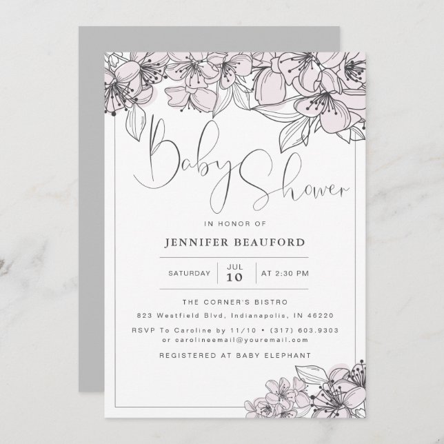 Blush Hand Drawn Floral Flowers Baby Girl  Shower Invitation (Front/Back)