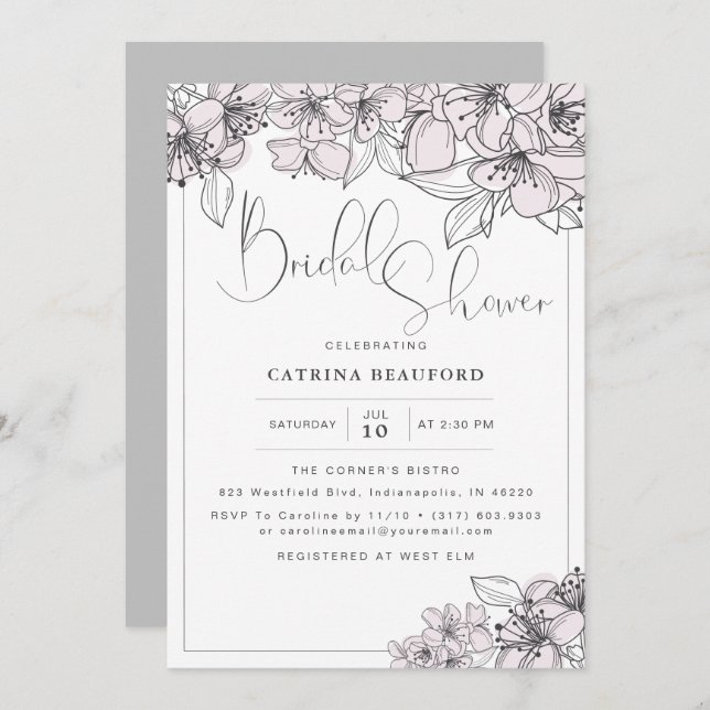 Blush Hand Drawn Floral Flowers Bridal Shower Invitation (Front/Back)
