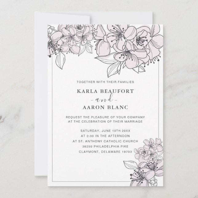 Blush Hand Drawn Flowers Wedding Invitatation Invitation (Front)
