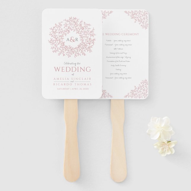 Blush hand drawn leaf monogram art wedding program hand fan (Front and Back)