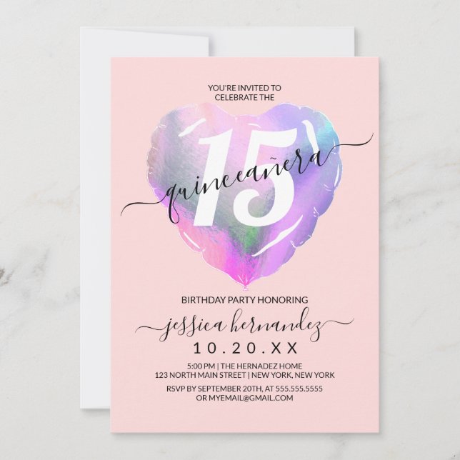 Blush Holographic Foil Heart Balloon Quinceañera Invitation (Front)