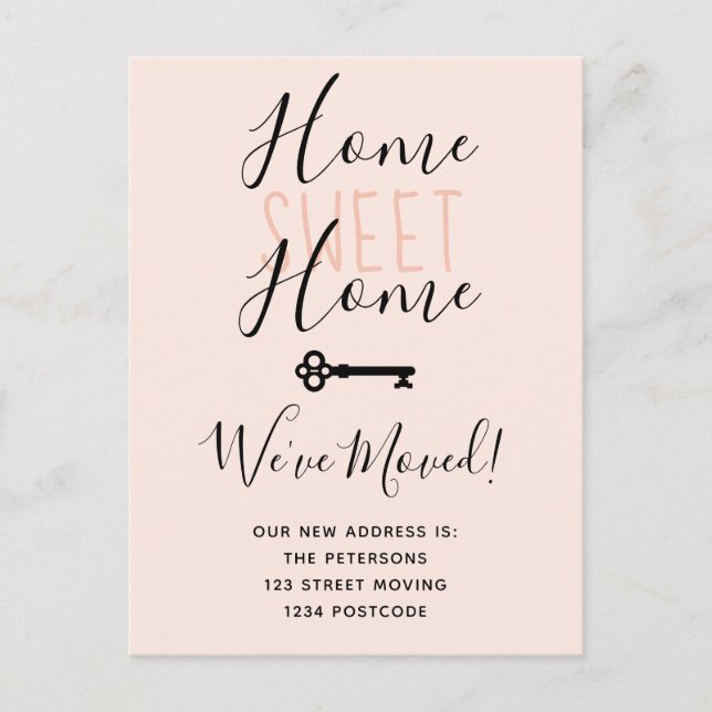 Blush home sweet home key moving announcement postcard (Front)