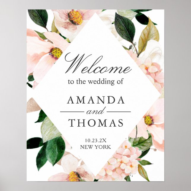 Blush Hydrangea Floral Wedding Welcome Sign (Front)